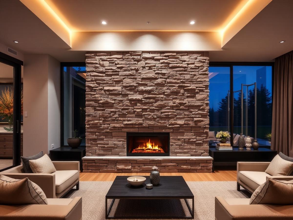 Stone fireplace feature wall built by Veleciku Construction